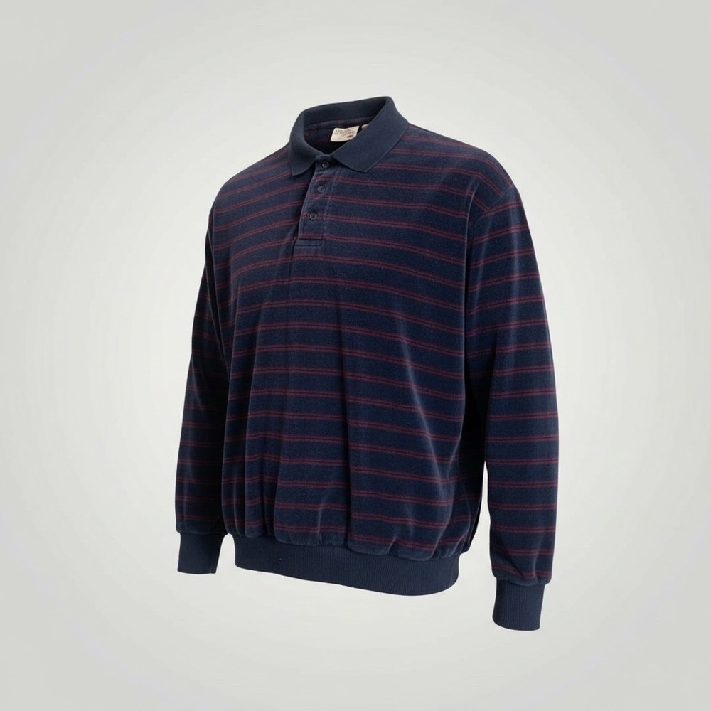 The Fox Collection Vintage Striped Velour Polo Shirt‎ Large Men's Navy Burgundy
